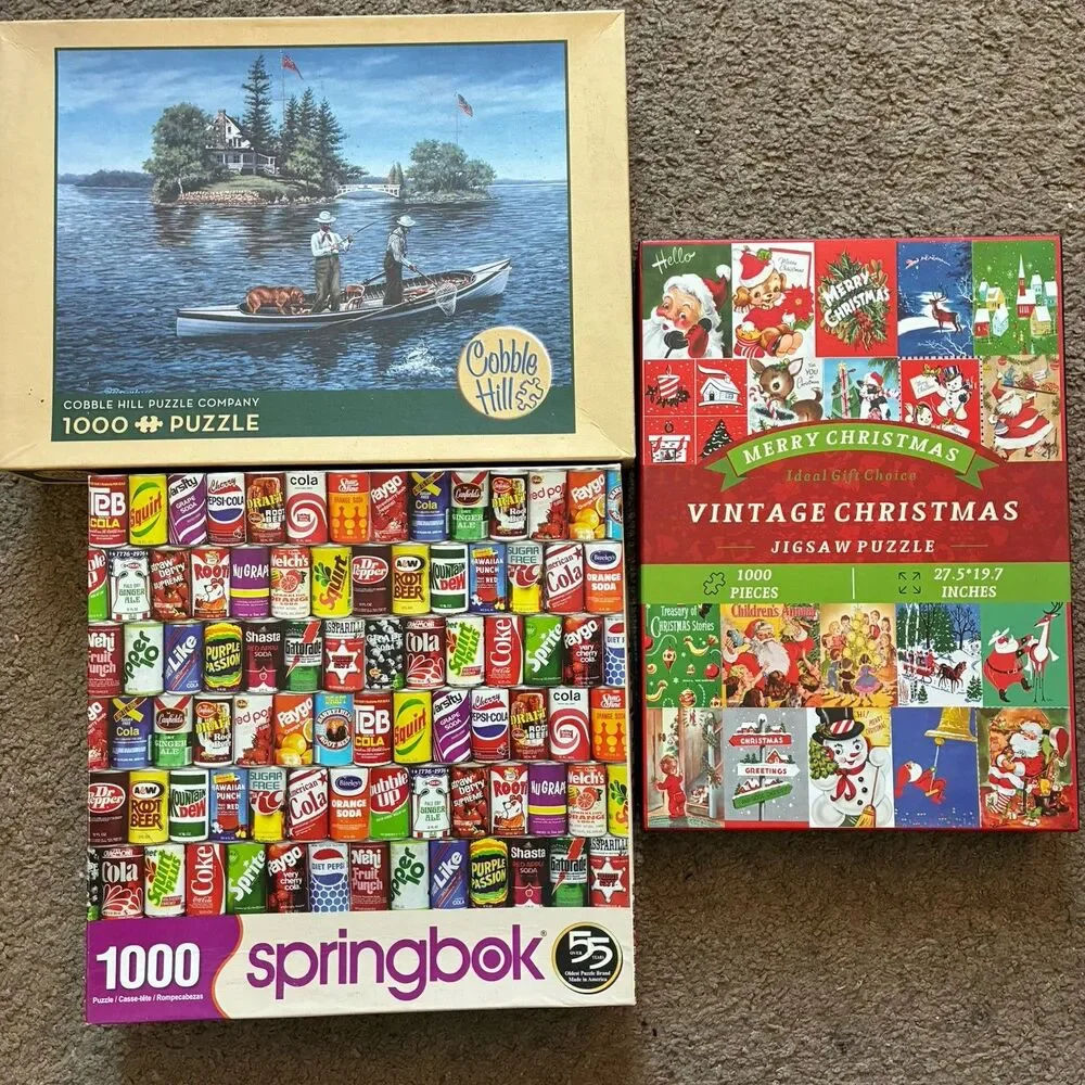 Jigsaw Puzzle Lot of 3 Fishing, Soda Brands, Vintage Christmas 1000 Pieces